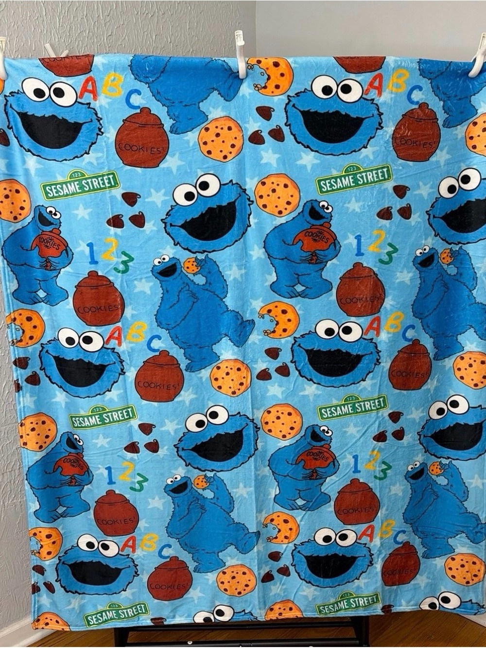 Sesame Street Cookie Monster Blue Throw Blanket with Orange Cookie Accents